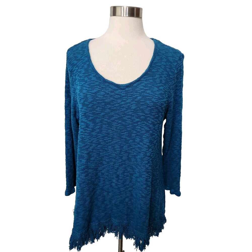 Massini Womens Sweater Tunic Top 1X Turquoise Fringe Hem Pullover Stretch Knit